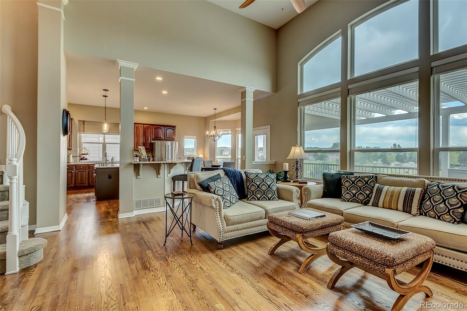 456 West Angus Way Highlands Ranch, CO 80129 - Photo 9 of 40 a living room with furniture and a large window with kitchen view