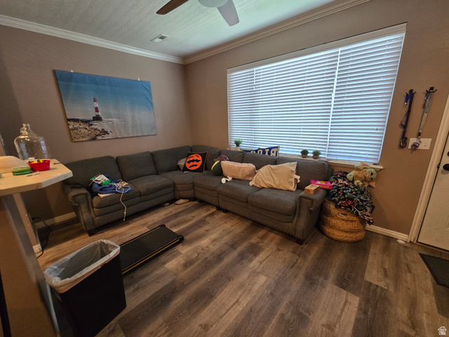 677 300 North, Unit 7 Provo, UT 84606 - Photo 3 of 16 Living area featuring wood-finish flooring, a large window with blinds, crown molding, and a ceiling fan
