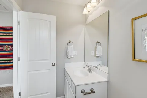 a bathroom with a sink a mirror and shower