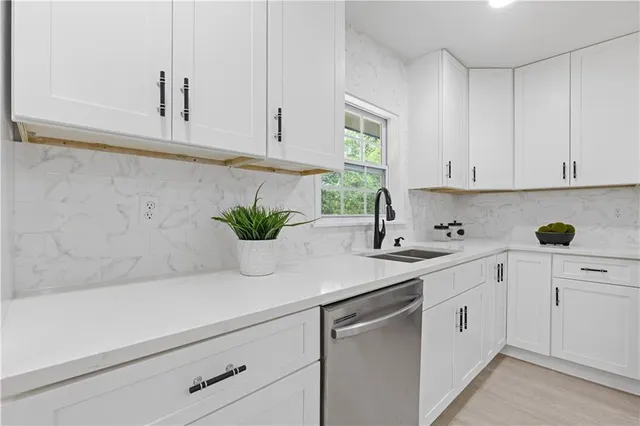 a kitchen with stainless steel appliances white cabinets and a potted plant