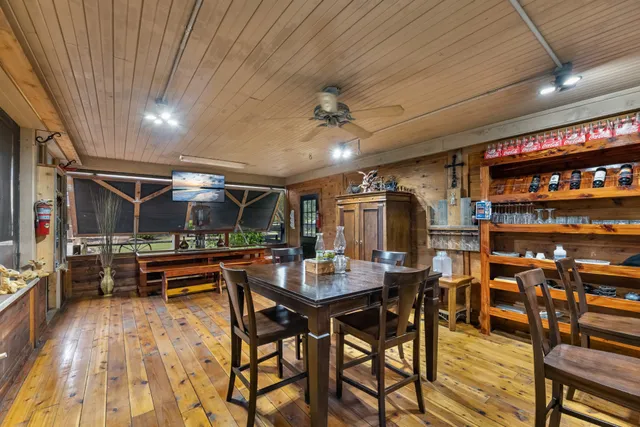 a view of a dining room with furniture