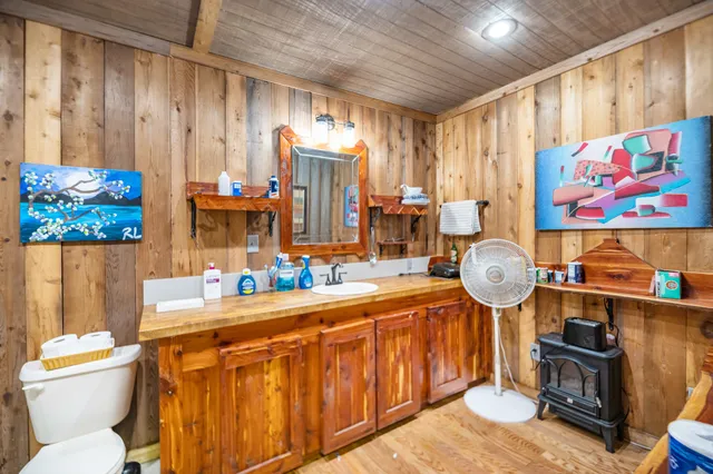 a bathroom with a sink mirror vanity and toilet