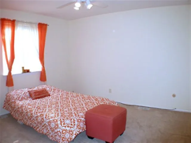 a bedroom with a bed and a window