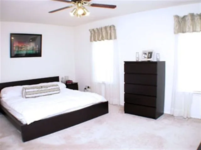 a bedroom with a bed and cabinet