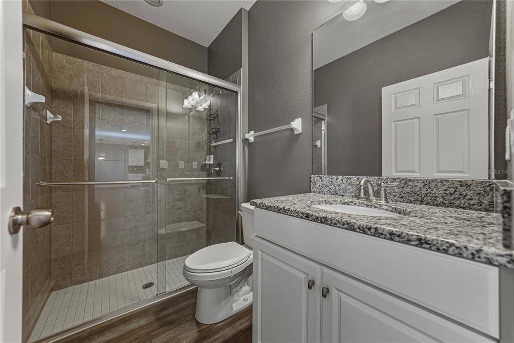 7628 Surf Reed Way Wesley Chapel, FL 33545 - Photo 25 of 76 a bathroom with a granite countertop sink toilet a mirror and shower