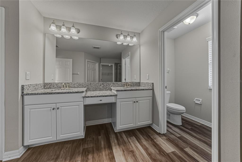 7628 Surf Reed Way Wesley Chapel, FL 33545 - Photo 37 of 76 a spacious bathroom with a granite countertop toilet a sink and a mirror
