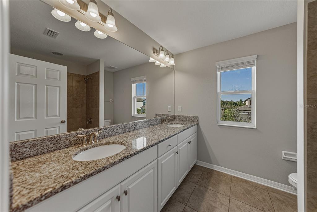 7628 Surf Reed Way Wesley Chapel, FL 33545 - Photo 44 of 76 a bathroom with a granite countertop double vanity sink a mirror and a shower