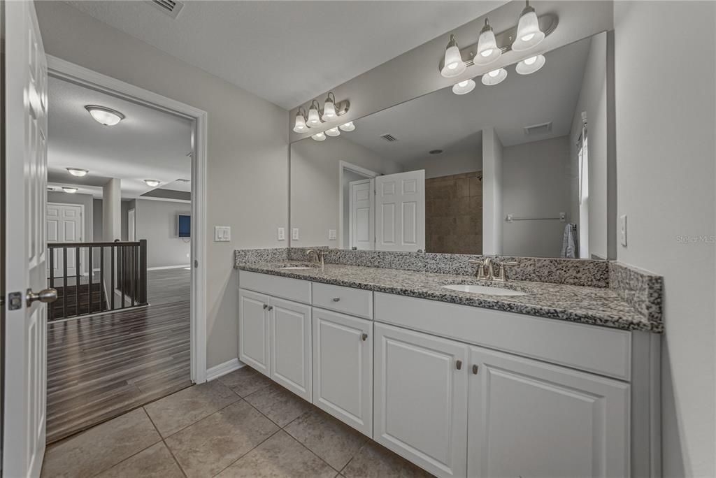 7628 Surf Reed Way Wesley Chapel, FL 33545 - Photo 46 of 76 a bathroom with a granite countertop double vanity sink and a mirror
