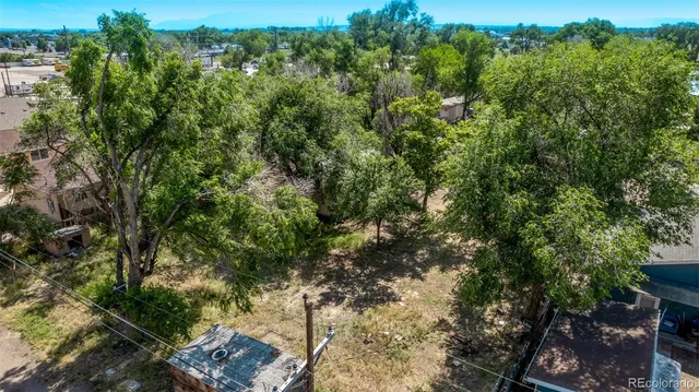 a view of a city with lush green forest