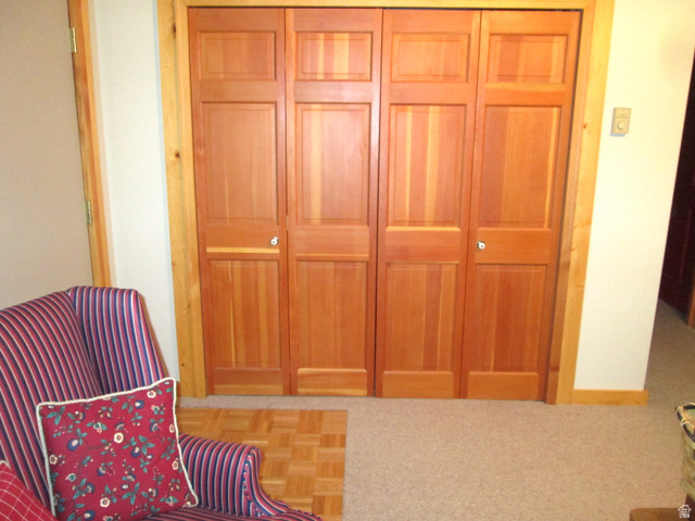 6210 Mountain View Road, Unit 133 Coalville, UT 84017 - Photo 60 of 87 Side view of the steel door to the lower level family room and adjacent parquet flooring. There is an extra deep storage closet with shelving to hold all your party gear and linens.