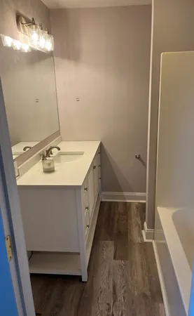 a bathroom with a sink a mirror and a bathtub