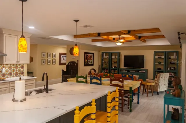 a view of a dining room with furniture