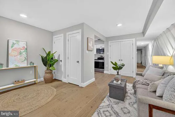 a living room with furniture and a potted plant