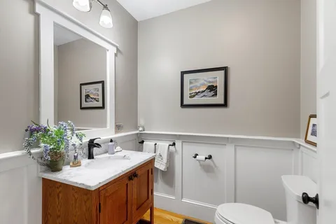 a bathroom with a sink vanity mirror and toilet