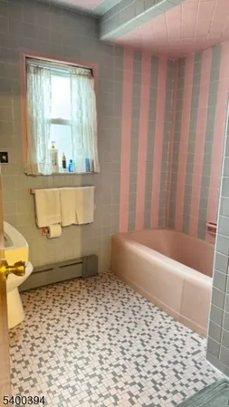 a bathroom with a bathtub and a toilet