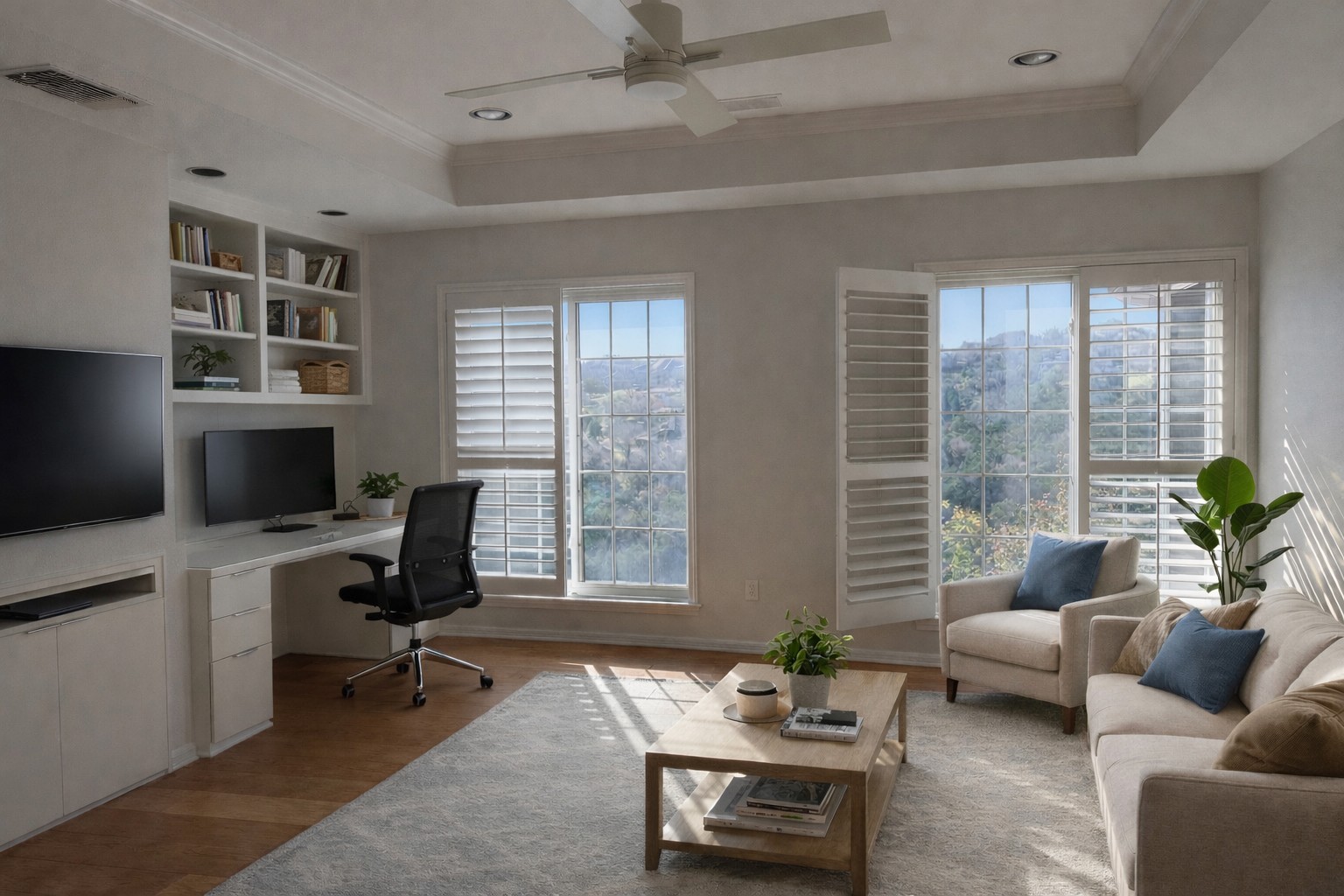 2807 Round Table Road Austin, TX 78746 - Photo 21 of 40 Home office/Den with built in desk. Panoramic views of hill country backyard.