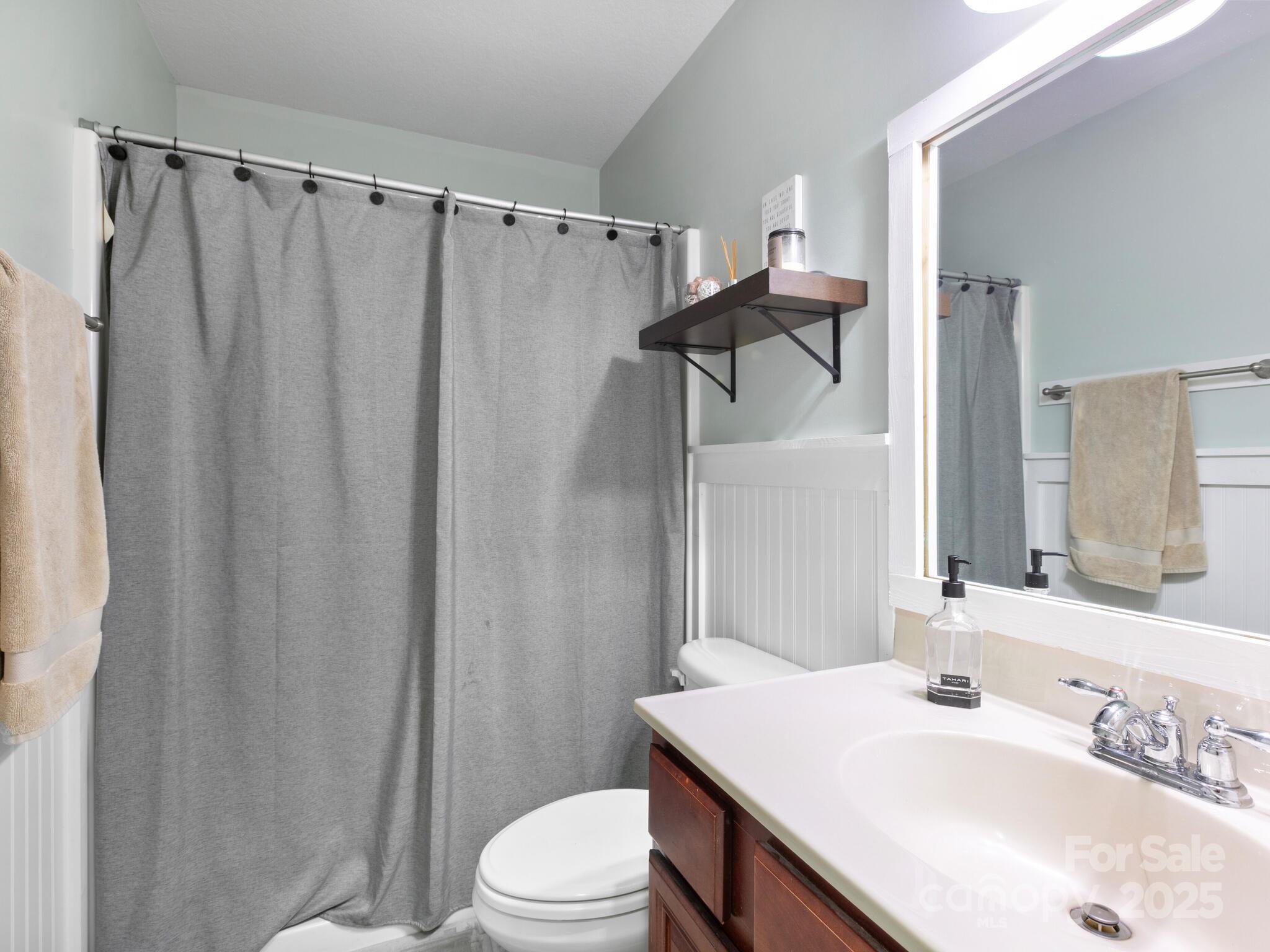 61 Village Street Clyde, NC 28721 - Photo 18 of 30 a bathroom with a sink a toilet a mirror and shower curtain