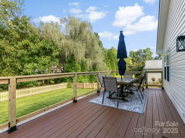 a view of a chairs and table on the wooden deck