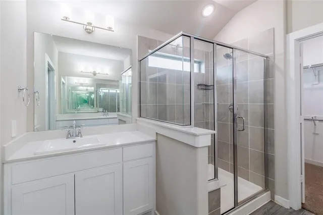 a bathroom with a shower sink and mirror