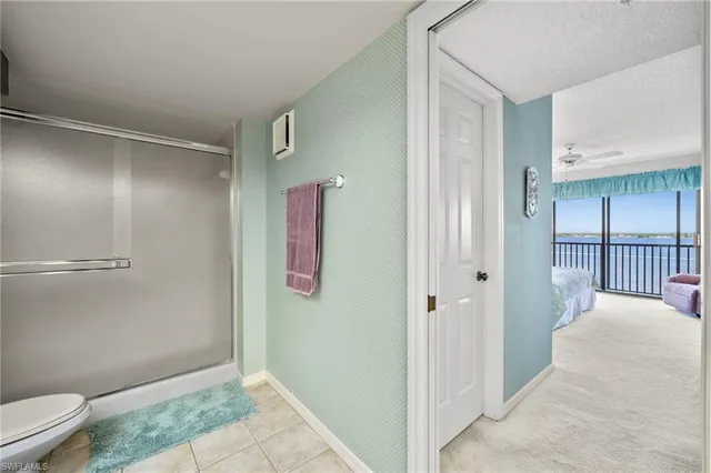 a bathroom with a shower and a toilet