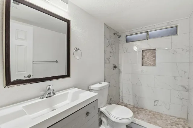 a bathroom with a sink a toilet and shower