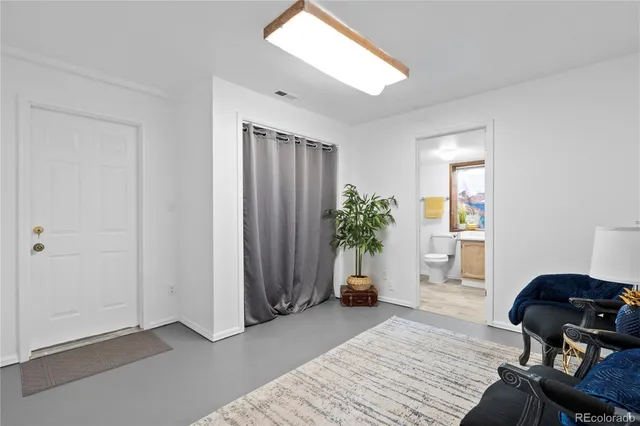a living room with furniture and a potted plant