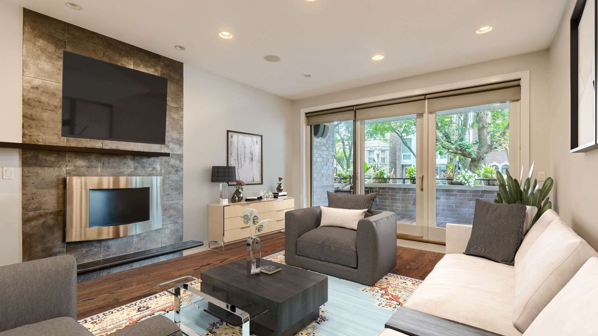 2144 West Rice Street, Unit 1E Chicago, IL 60622 - Photo 2 of 20 a living room with furniture fireplace and a flat screen tv