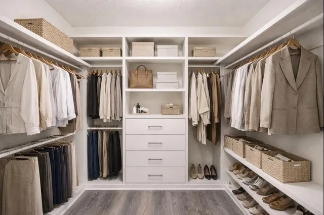 a view of walk in closet with clothes and shoes
