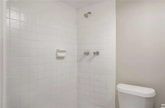 a white toilet sitting next to a shower