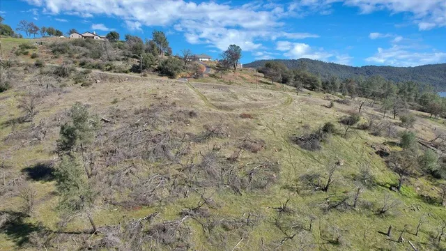 a view of a dry yard with mountains in the background