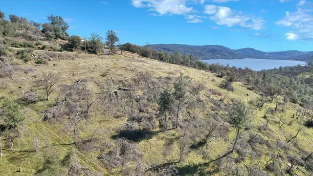 a view of a dry yard with mountains in the background