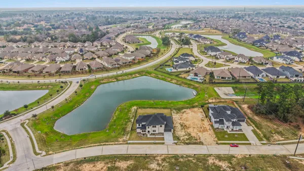 an aerial view of a swimming pool