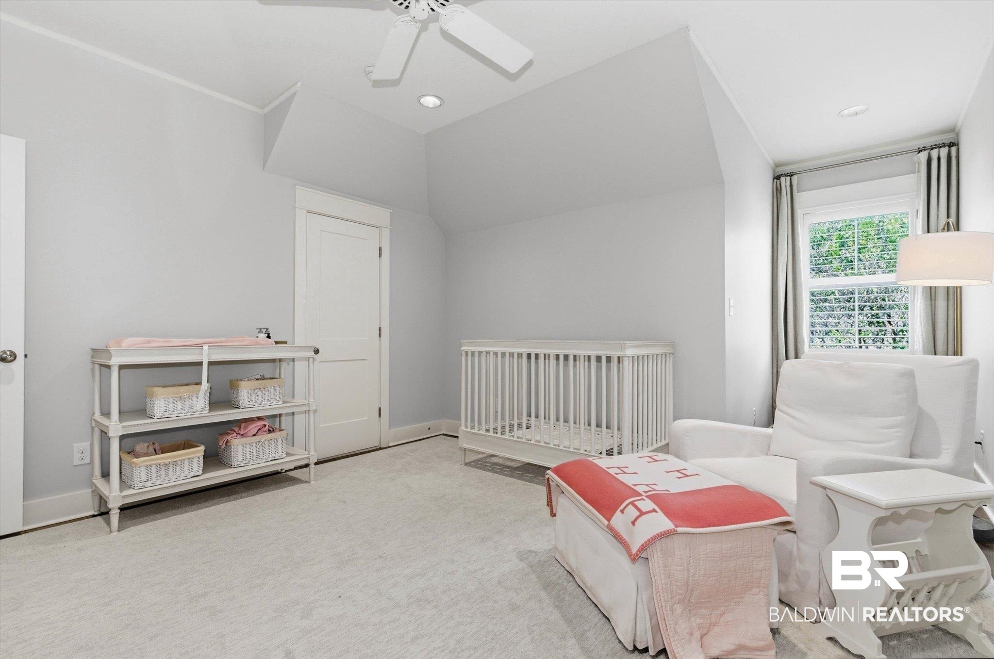 3704 Stein Street Mobile, AL 36608 - Photo 25 of 37 Bedroom featuring a nursery area, carpet flooring, a ceiling fan, recessed lighting, and lofted ceiling