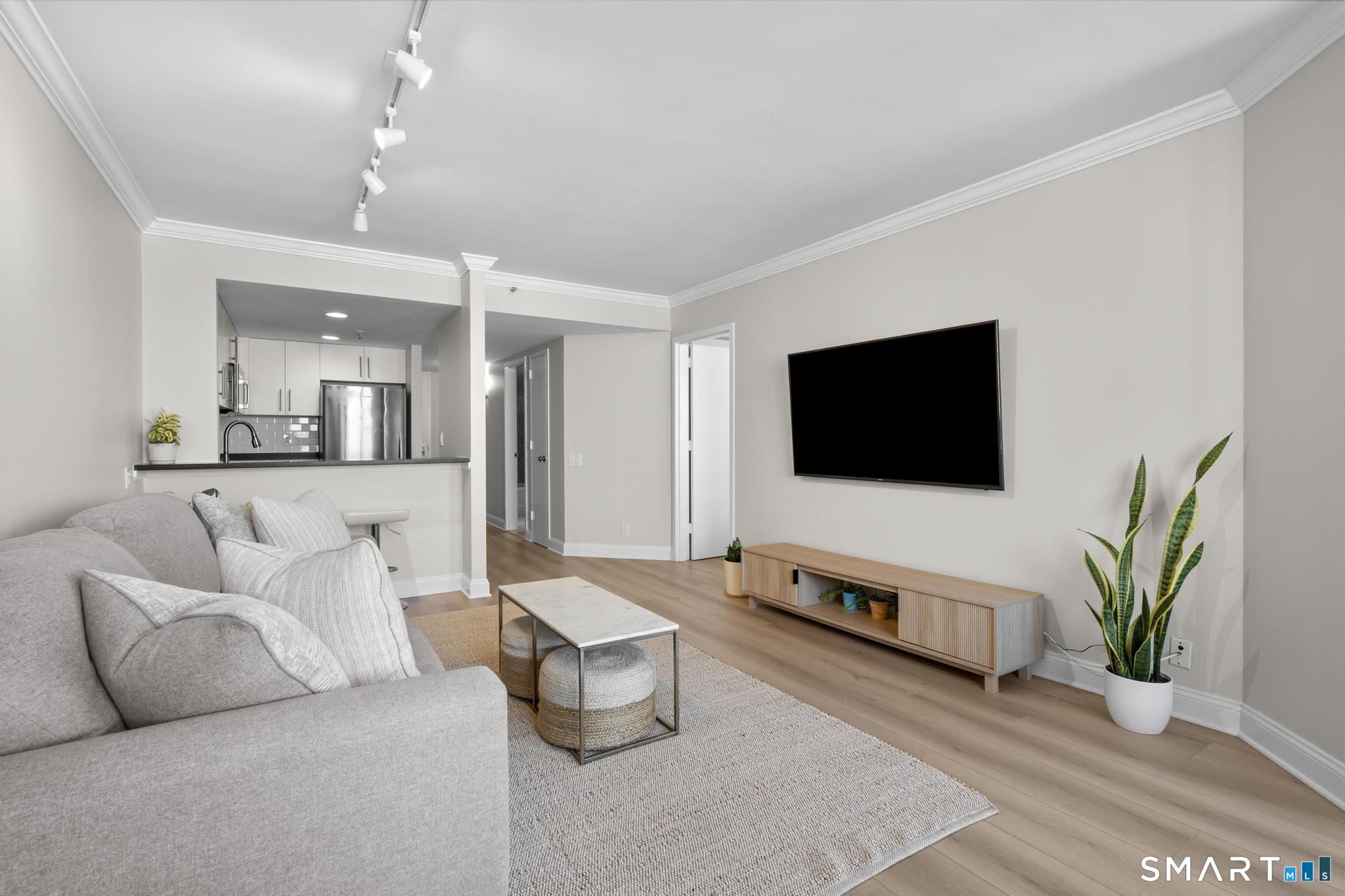 25 Forest Street, Unit 15E Stamford, CT 06901 - Photo 6 of 40 a living room with furniture and a flat screen tv