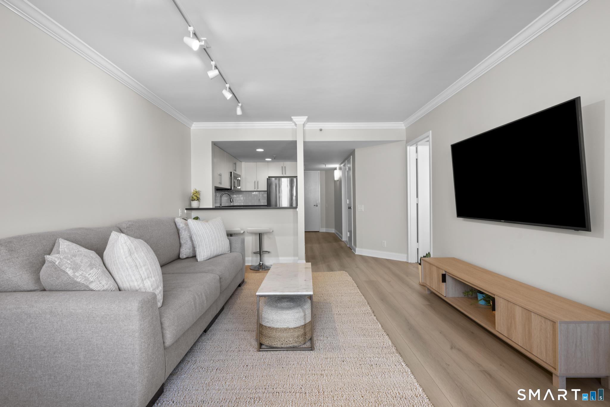 25 Forest Street, Unit 15E Stamford, CT 06901 - Photo 7 of 40 a living room with furniture and a flat screen tv