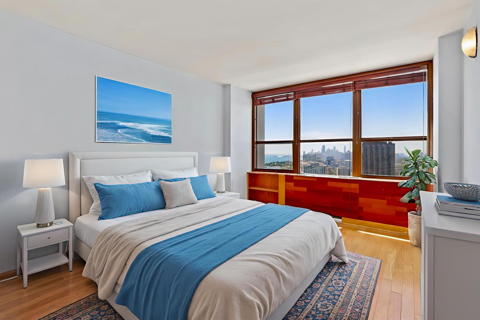 655 West Irving Park Road, Unit 4101 Chicago, IL 60613 - Photo 11 of 13 a bedroom with a large bed and a large window