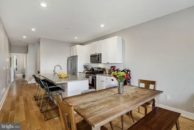 a view of a kitchen with dining table and chairs