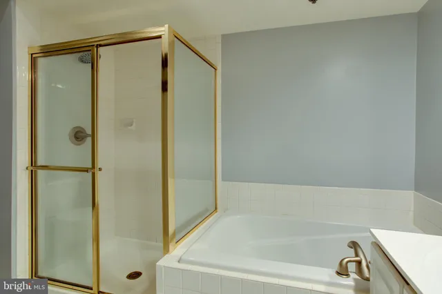 a bathroom with a bathtub and a shower