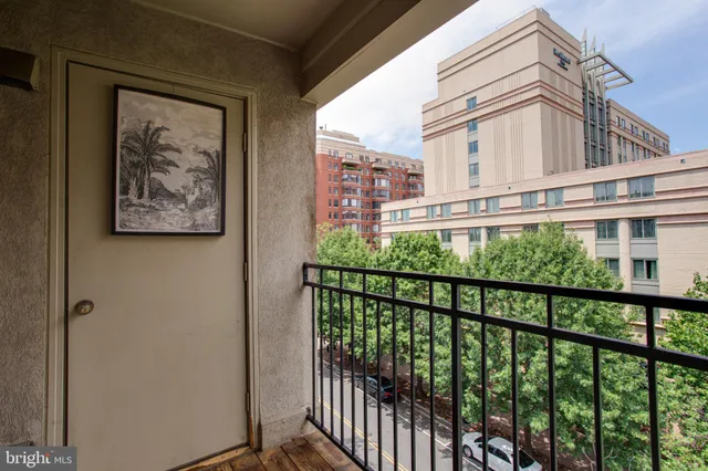 a view of a building from a balcony