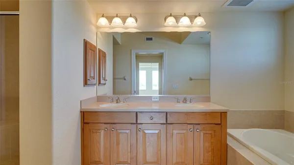 a bathroom with a tub a sink double vanity and a mirror