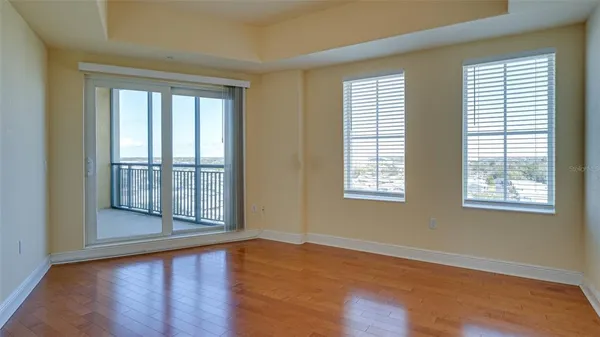 a view of a room with a large window