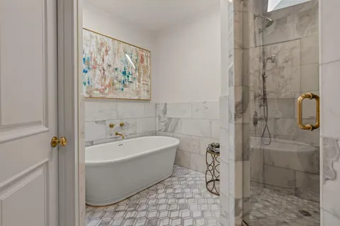 a bathroom with a white tub