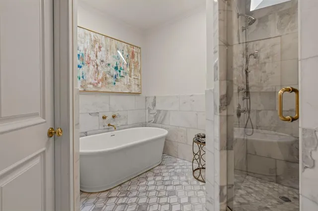 a bathroom with a white tub