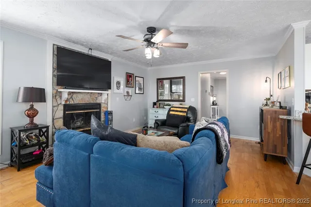 a living room with furniture a flat screen tv and a fireplace