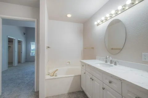 a bathroom with double vanity sinks and a mirror