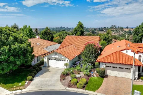 an aerial view of a house with a swimming pool