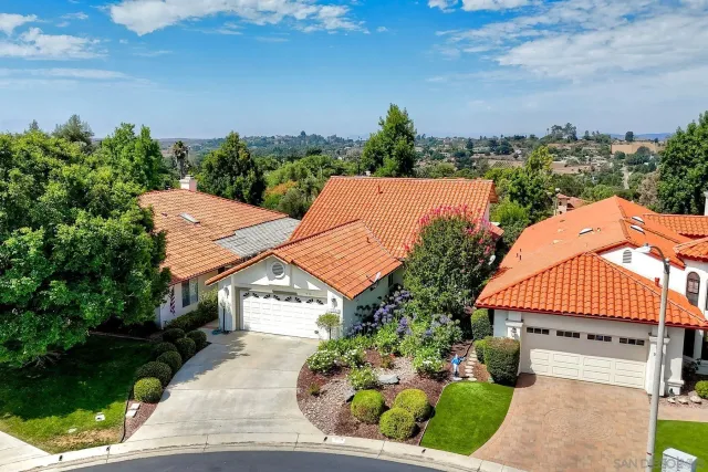 an aerial view of a house with a swimming pool