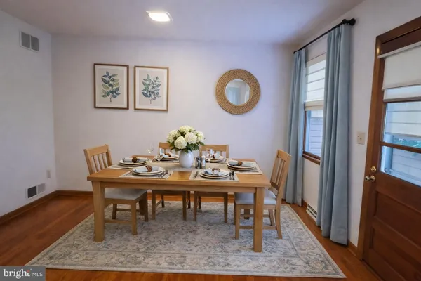 a view of a dining room with furniture
