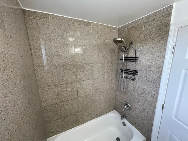 a bathroom with a bathtub and shower