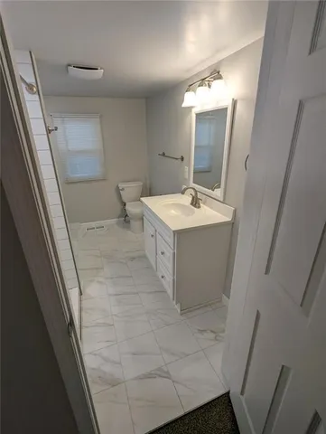 a bathroom with a sink a toilet a mirror and vanity